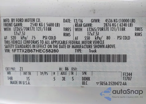 2017 Ford F-250 Xl из США, поврежденный, VIN 1FT7X2B67HEC58280